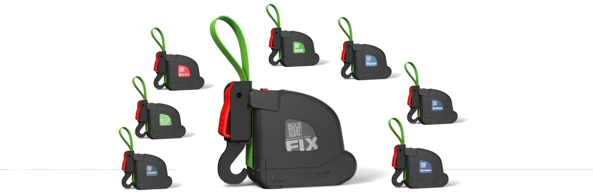 Die FIXOMETER-Produktfamilie: Kerngerät mit grünem Gurt und mehrere Adapter